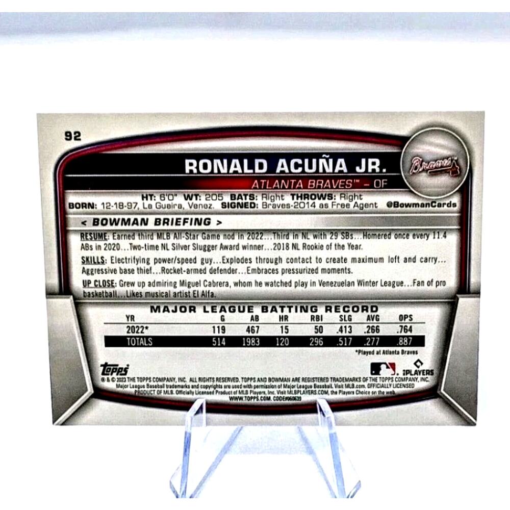 2023 Bowman - Ronald Acuña Jr. Atlanta Braves MLB #92 - Picture 3 of 4